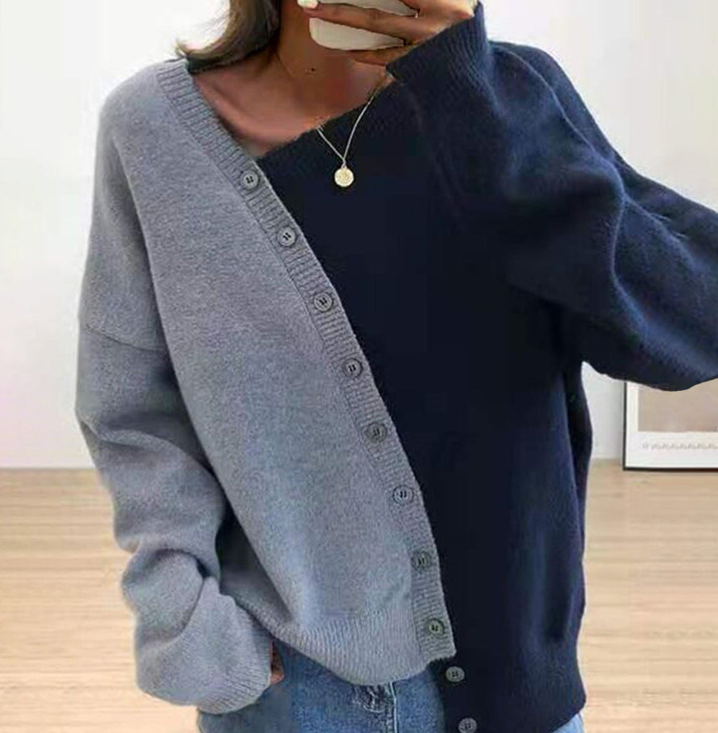 Vintage Asymmetric Button Color Block Comfy Sweater elevenforest