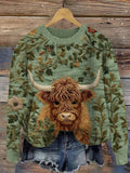 Highland Cow Floral Embroidery Cozy Knit Sweater artswardrobe