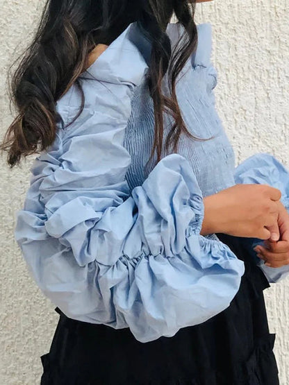 Long Sleeves Loose Elasticity Ruffle Trim Color Split-joint Off-the-shoulder Blouses&shirts Tops