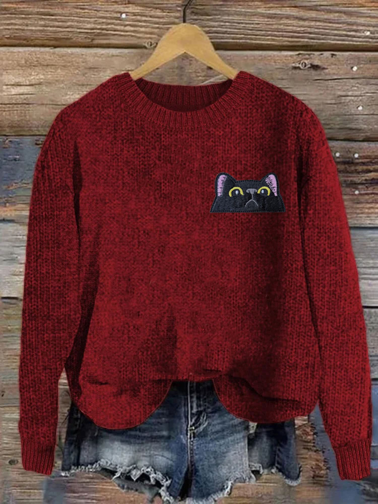 Comstylish Women's Casual Funny Black Cat Print Sweater
