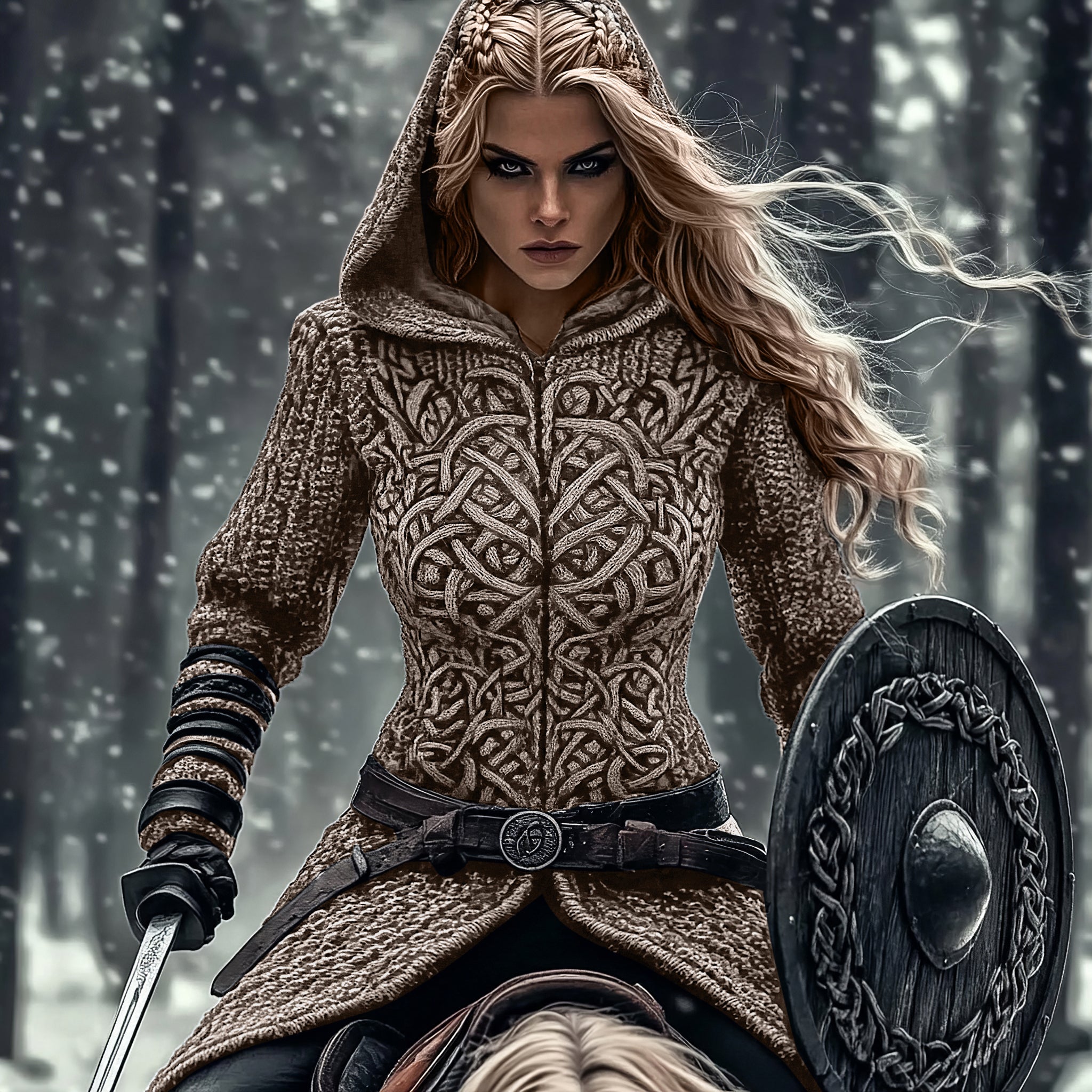 Women's Viking Tribal Jacquard Celtic Chunky Knit Zip-up Hooded Sweater elevenforest