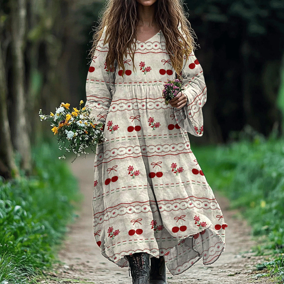 Women's Vintage Floral Cherry Art Long Sleeve Dress elevenforest