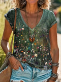 Vintage Floral Art Print 100%Cotton V-neck T-Shirt