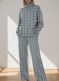 Colorful Houndstooth Decorative Pattern Casual Stand Collar Long Sleeve Top And Casual Long Pants