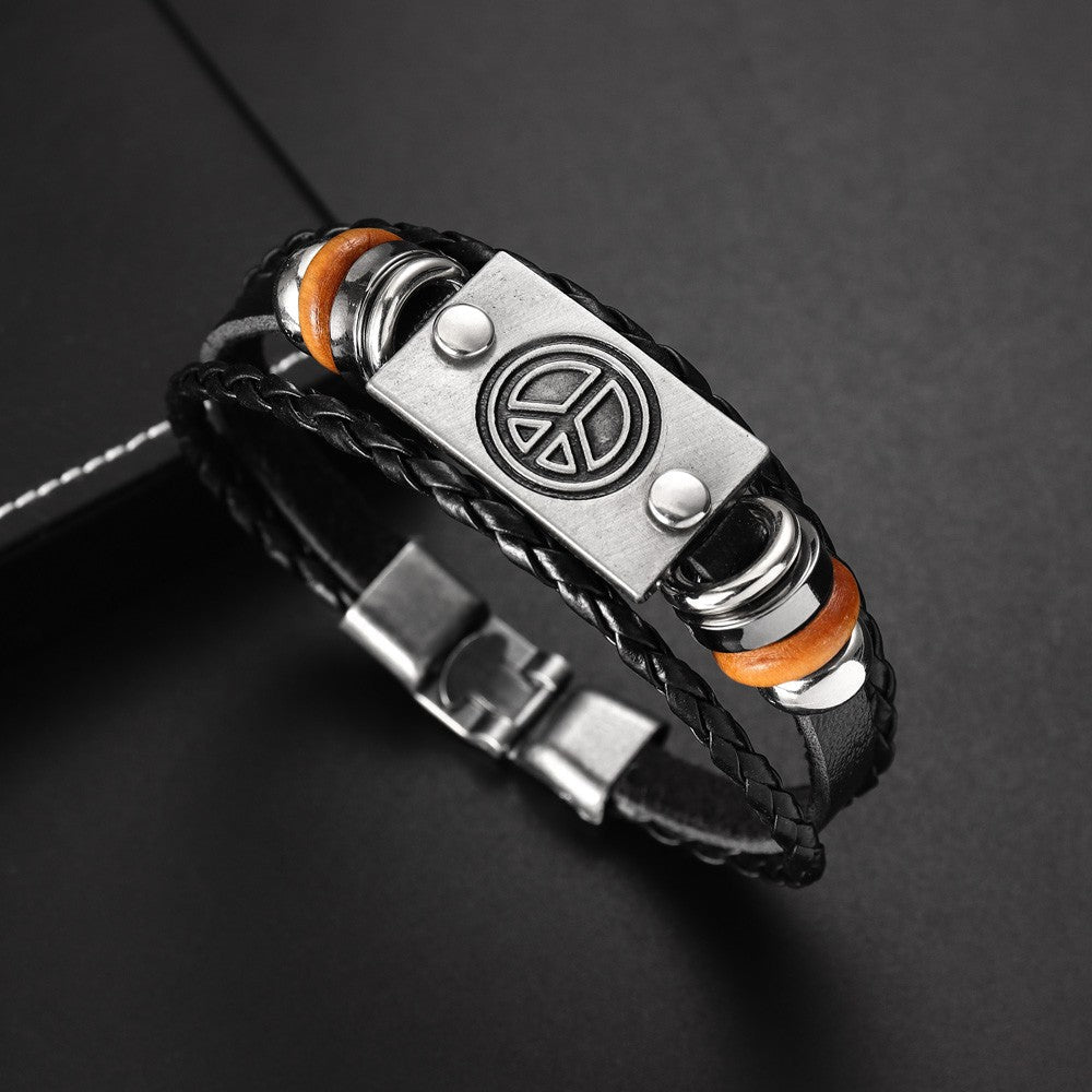 Comstylish Retro Peace Sign Bead Design Leather Bracelet