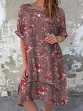 Women's Classic Floral Pattern Round Neck Cotton and Linen Dress