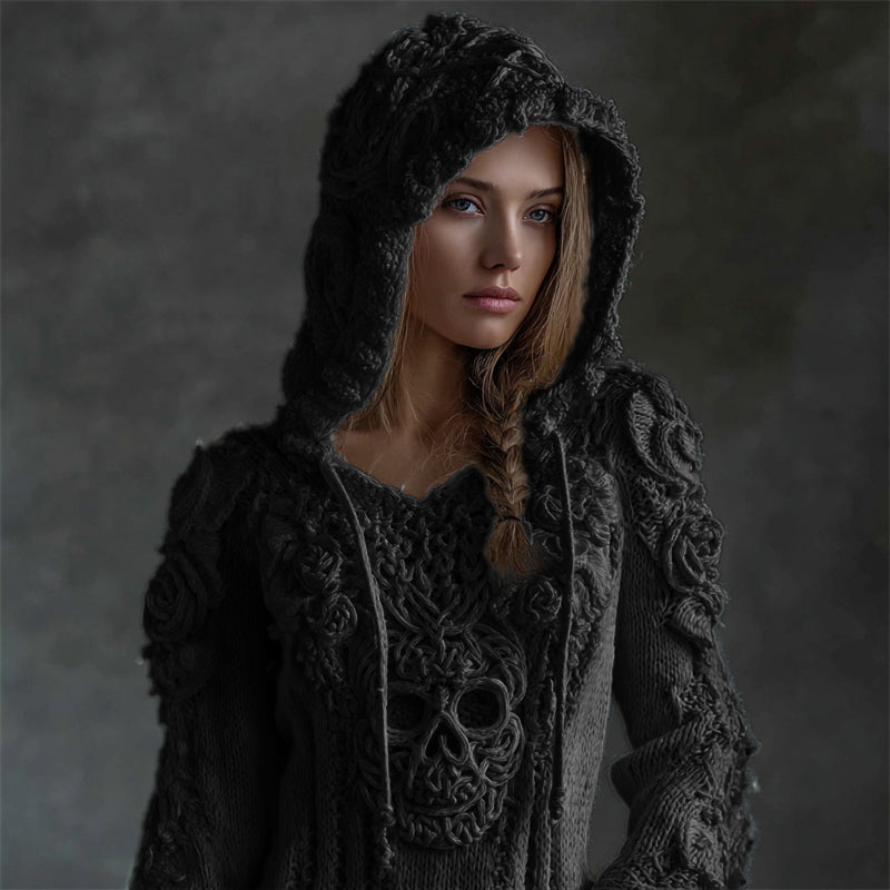 Comstylish Vintage White Roses Viking Celtic Skull Hooded Cozy Knit Sweater