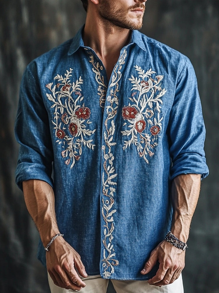 Men's Retro Embroidered Linen Blend Comfy Blouse elevenforest