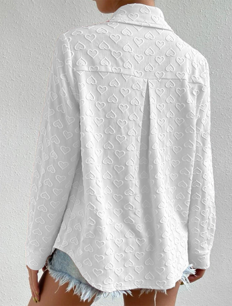 Early Autumn Wear Long Sleeve Collared Shirt Heart Shaped Jacquard Cardigan Top