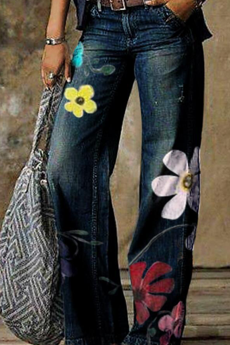 Print Patchwork Mid Waist Boot Cut Denim Jeans(5 Colors)