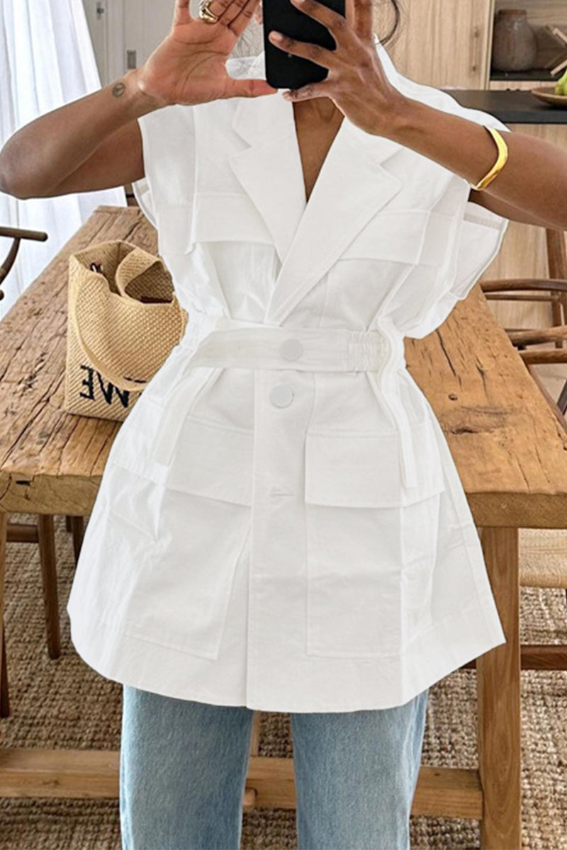 Bandage Pocket Buttons Turn-back Collar Blouses(4 Colors)