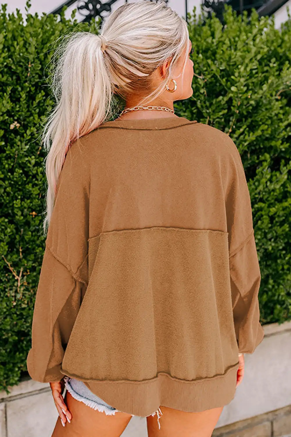 Brown Drop Shoulder Henley Sweatshirt