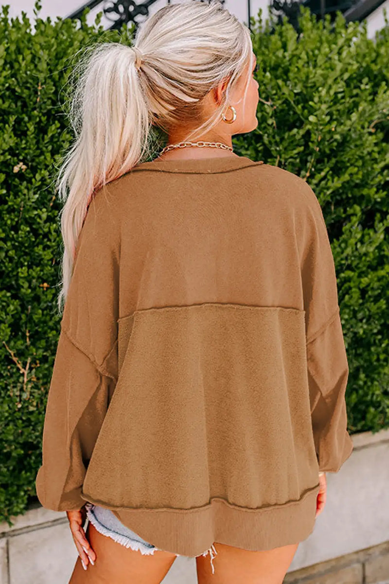 Brown Drop Shoulder Henley Sweatshirt
