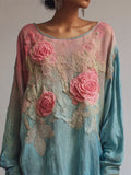 Vintage Pink Lace Rose Embroidered Gradient Linen Tunic elevenforest