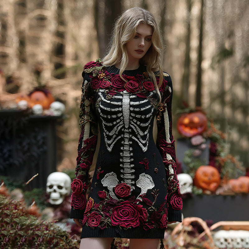 Comstylish Women's Retro Floral Skull Knit Mini Sweater Dress