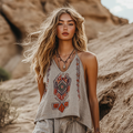 Women's Bohemia Ethnic Style Linen V-neek Sleeveless Top elevenforest