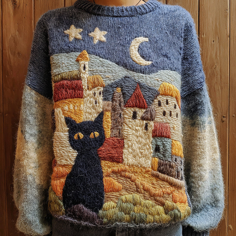 Comstylish Fairytale Cottage With Cute Black Cat Inspired Embroidered Cozy Knit Sweater