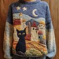 Fairytale Cottage With Cute Black Cat Inspired Embroidered Cozy Knit Sweater elevenforest