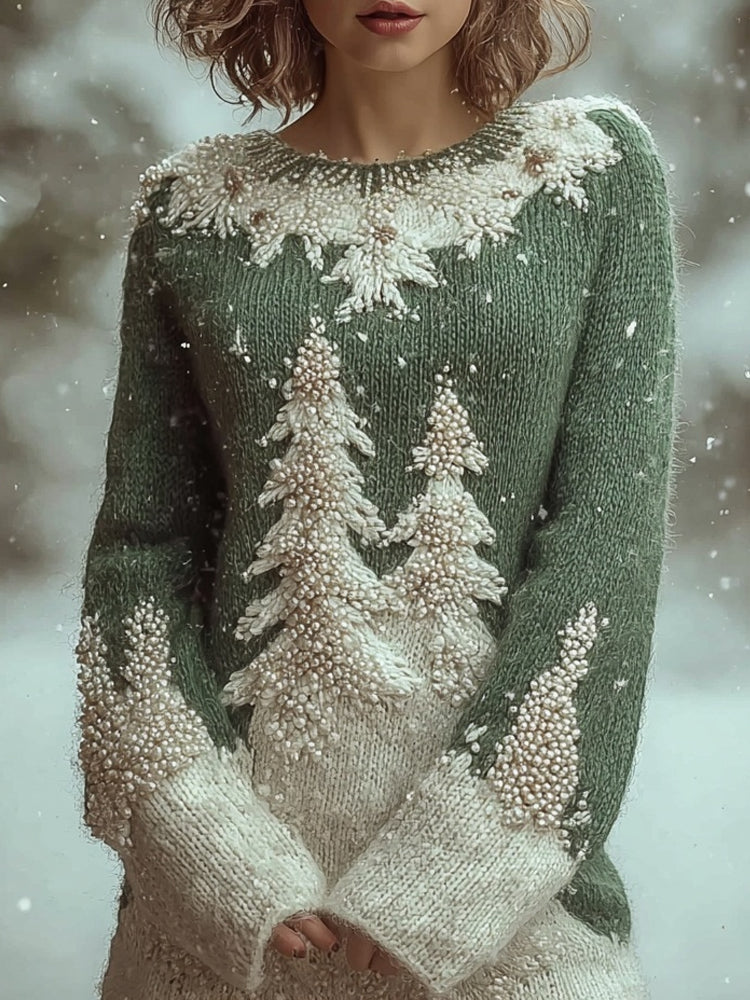 Vintage Christmas Trees Beads Embroidered Comfy Sweater Dress artswardrobe