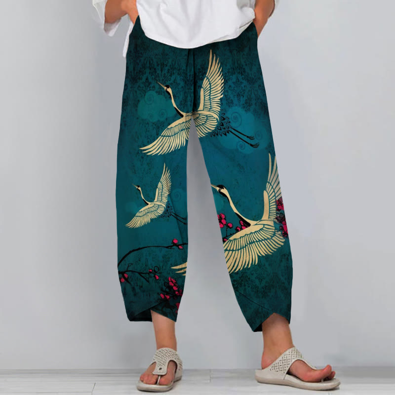 Comstylish Women's Japanese-style Crane Pattern Printed Casual Pants