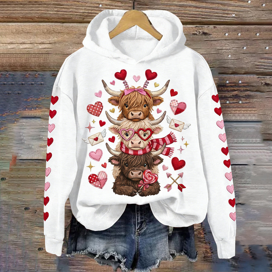 Comstylish Women's Valentine's Day Highland Cow Print Casual Hoodie