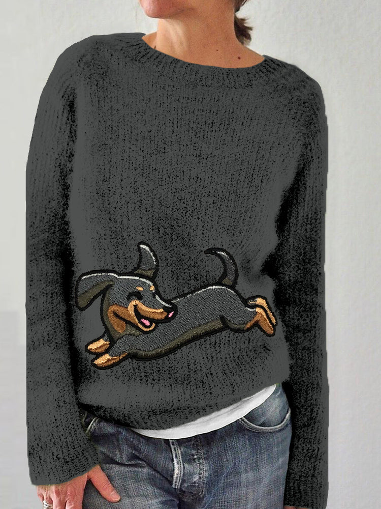 Comstylish Happy Dachshund Embroidered Cozy Knit Sweater