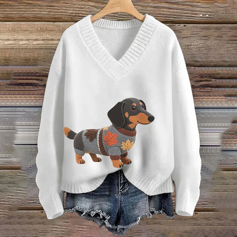 Comstylish Vintage Dachshund Felt In Gradient Art Inspired Embroidered Cozy Knit Sweater