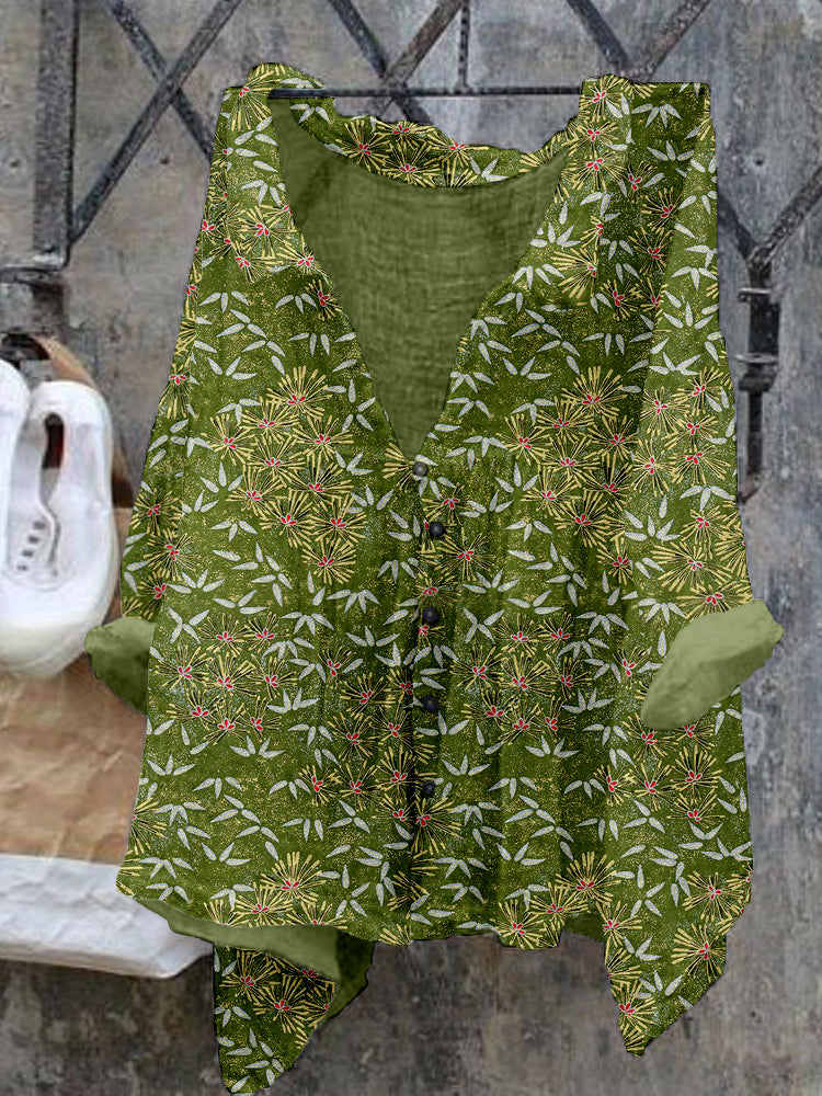 Bamboo Leaves Japanese Pattern Linen Blend Cozy Shirt elevenforest