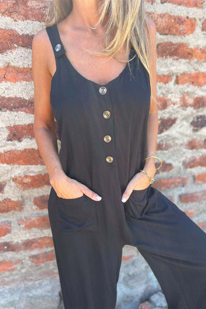 Pocket Buttons Backless U Neck Boot Cut Jumpsuits(3 Colors)
