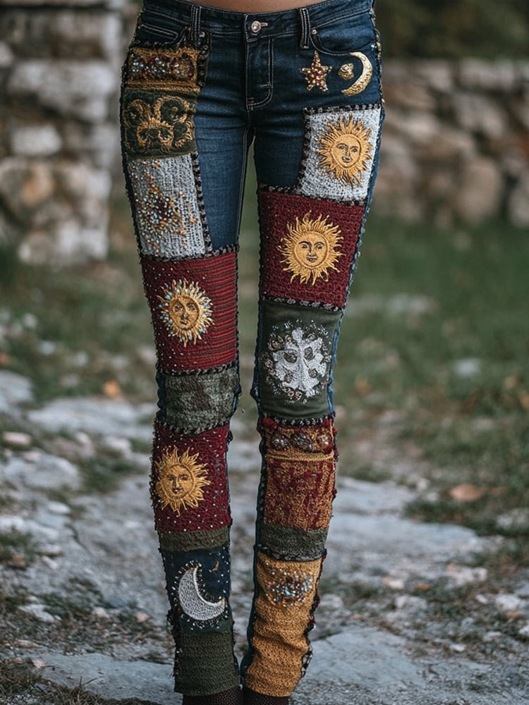 Vintage Moon & Sun Crochet Patchwork Skinny Jeans elevenforest