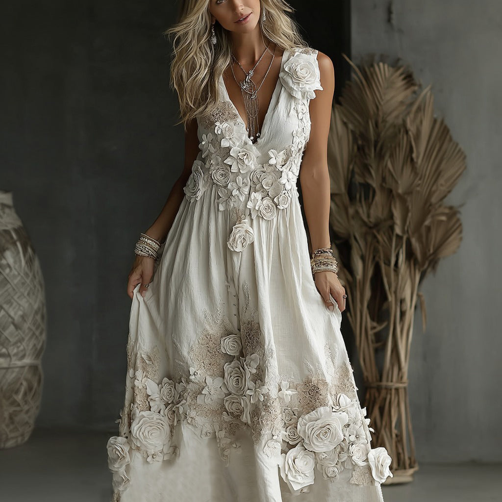 Women's Vintage White Rose Embroidered V-neck Tank Maxi Dress elevenforest