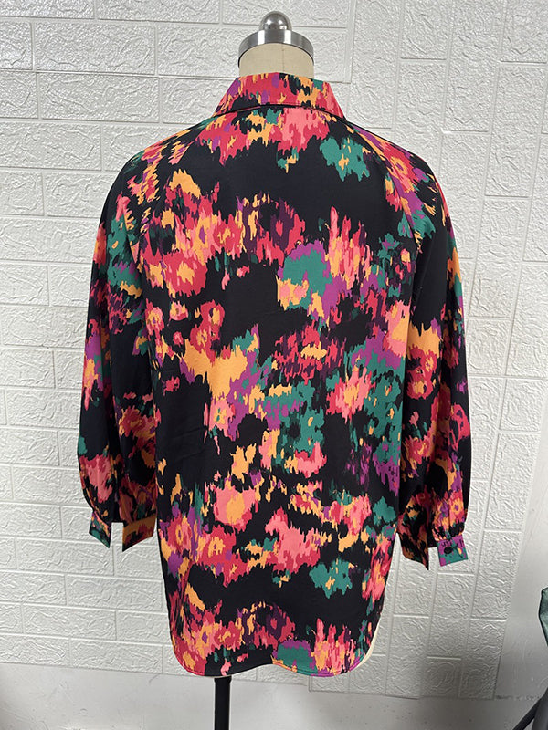 Long Sleeves Loose Printed V-neck Blouses&shirts Tops