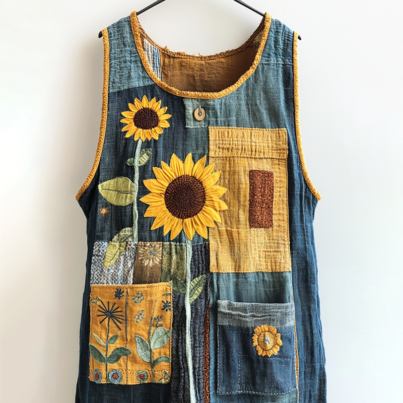 Vintage Sunflower Floral Patchwork Linen Top elevenforest