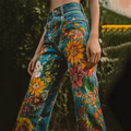 Vintage Boho Floral Art Button High Waist Wide Leg Jeans elevenforest