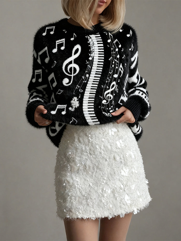 Comstylish Piano Keys Music Notes Contrast Cozy Plush Sweater