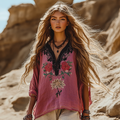 Vintage Boho Floral Embroidery Print Cotton And Linen Blend Loose Blouse elevenforest