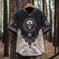 Men's Viking Tribal Skull Runes Embroidery Art Linen Crew Neck T Shirt elevenforest