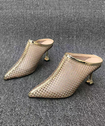 Stylish Gold Tulle Zircon High Heel Slide Sandals Pointed Toe Oi026