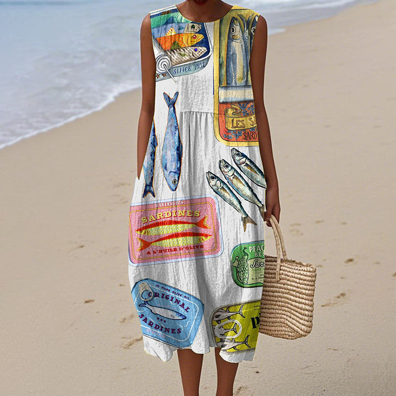 Women's Colorful Sea Fish Canned Fish Painting Art Print Dress elevenforest