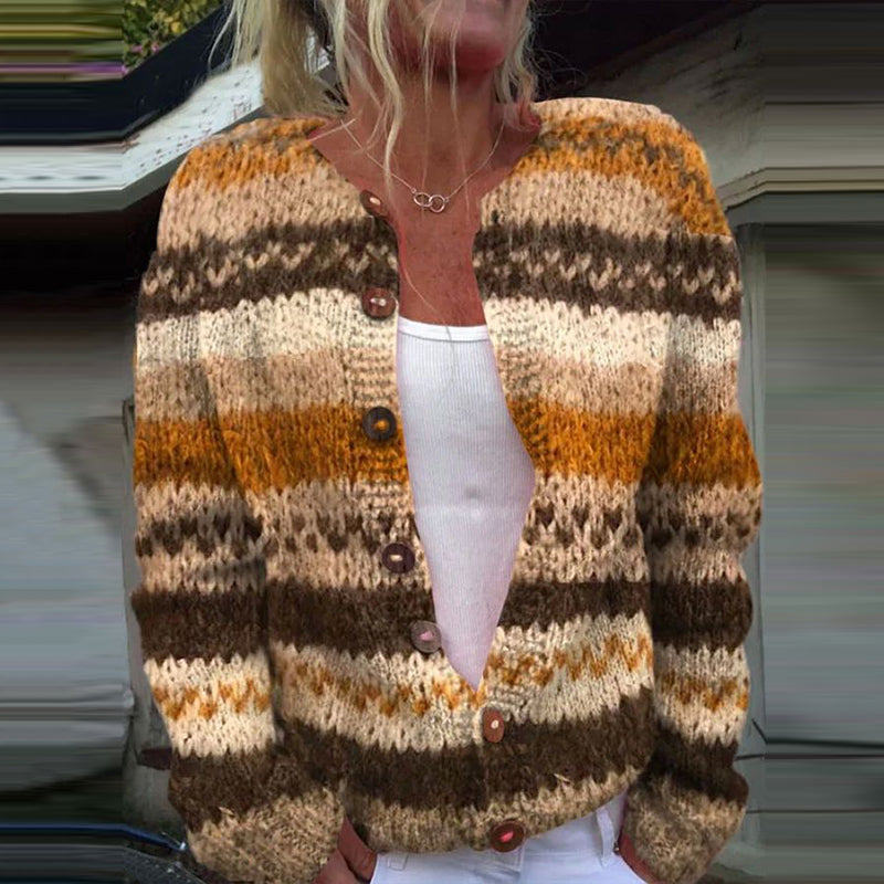 Autumn Vintage Striped Print Knitted Cardigan elevenforest