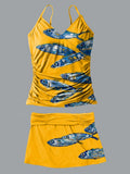 V-Neck Yellow Ocean Fish Art Print Suspender Skirt Tankini Pantskirt Set Swimsuit