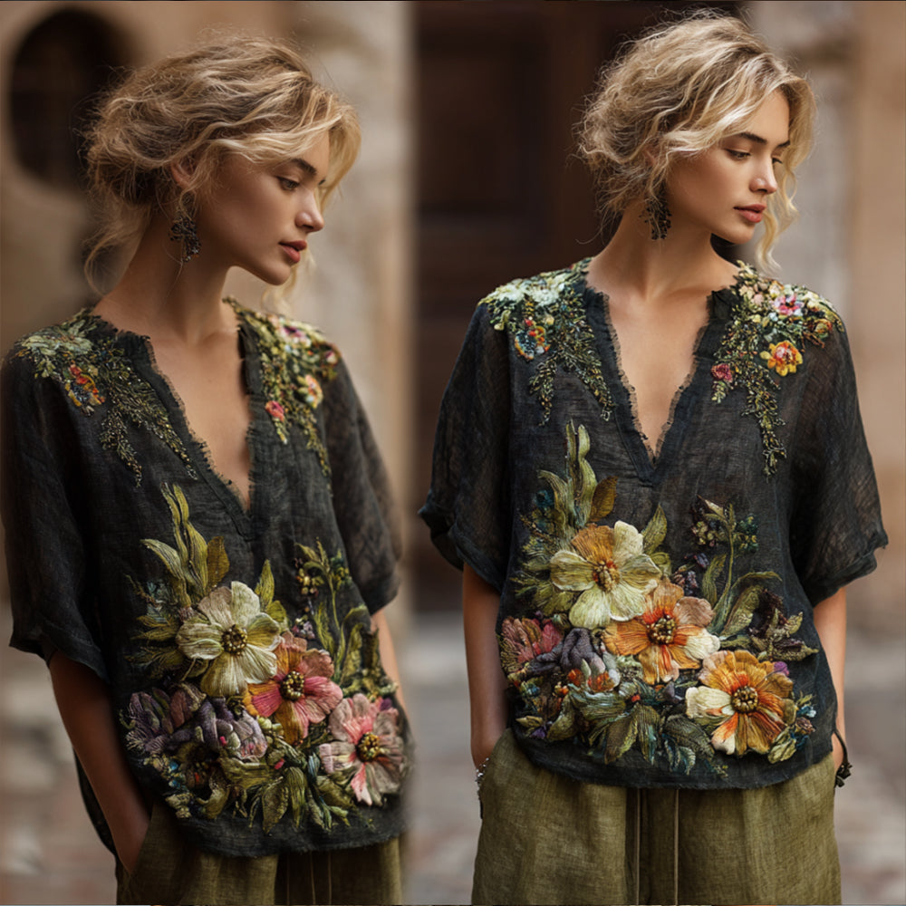 Bohemian Style Three-dimensional Flower Sequin Embroidery Vintage Black V-neck Short Sleeve elevenforest