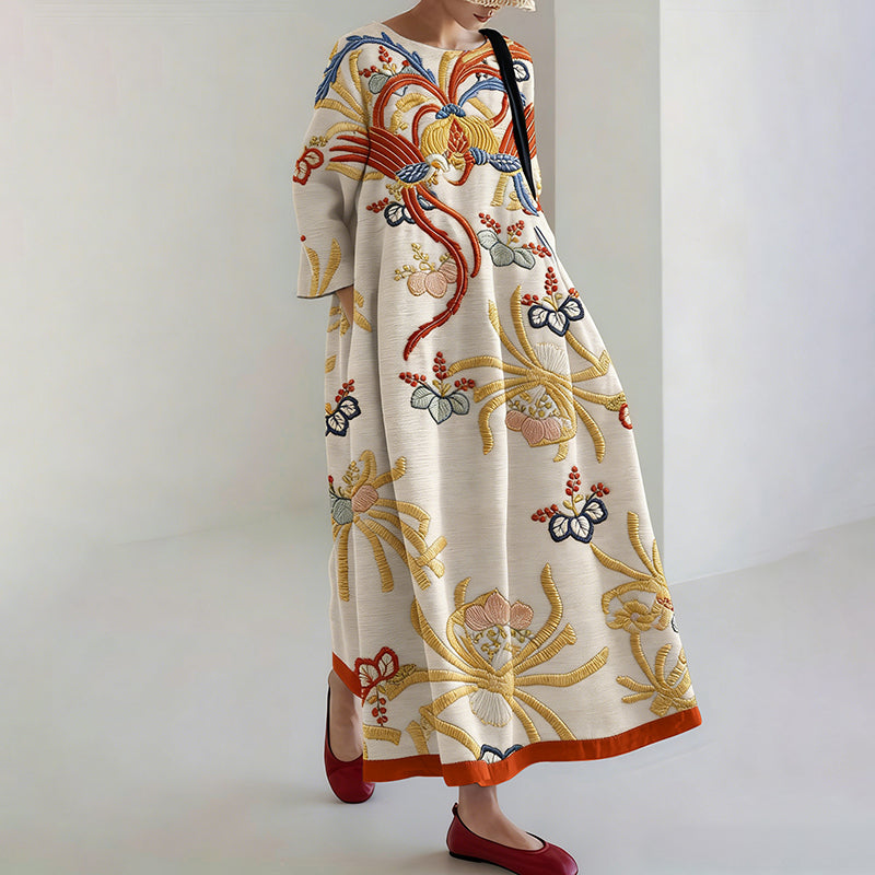 Comstylish Women's Vintage Japanese Floral Print Linen Blend Midi Dress