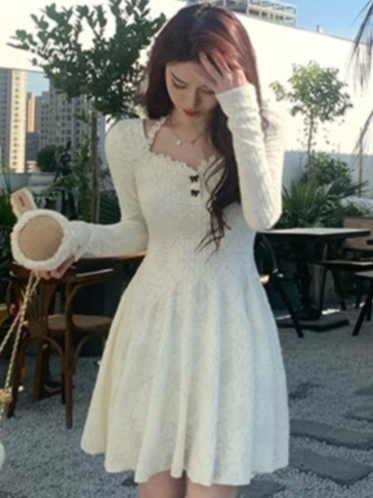 Autumn Winter Knitted Dress Long Sleeve A-line Korean Slim Female Birthday Party Prom Vestidos Mini Dresses