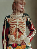 Comstylish Women's Halloween Skeleton Trunk Art Flower Round Neck Sweater