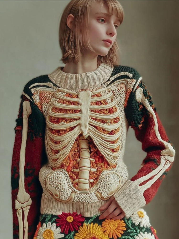 Comstylish Women's Halloween Skeleton Trunk Art Flower Round Neck Sweater