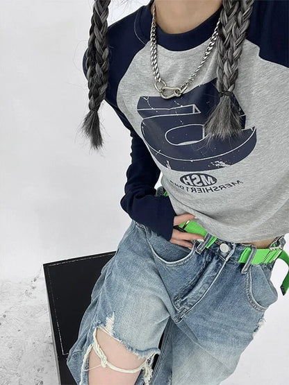 Y2k Patchwork Green Tshirts Hippie Long Sleeve T Shirts Female Kpop Retro Autumn Crop Tops