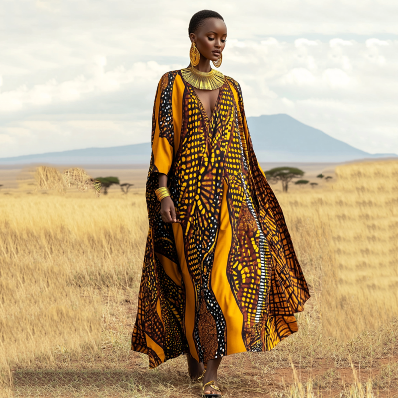 Black Ladies' African Tribal Art Linen V-neck Long Dress elevenforest