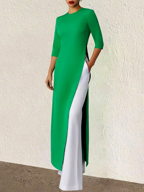 Half Sleeves Color Split-side Round-neck T-shirts Tops