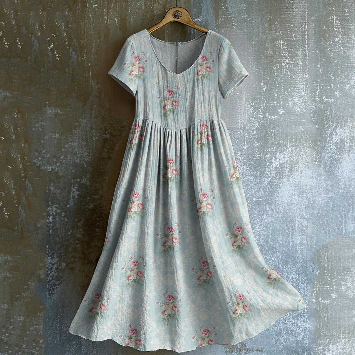 Women's Vintage Rose Print V-neck Short Sleeve Midi Dress elevenforest